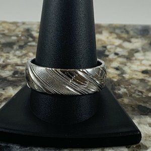 8mm Silver Tone Wood Engraved Band Sz 12 Stainless